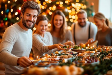 Friends enjoying a Christmas meal together, surrounded by decorations