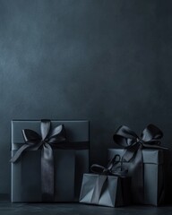 Elegant black present boxes with bows on dark blue.