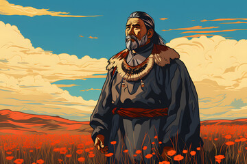 Fototapeta premium pop art style illustrated mongolan man in the wild