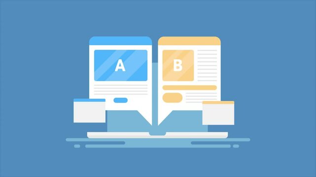 Website conversion rate optimization with split testing strategy, content AB test for audience engagement analysis, video animation concept.