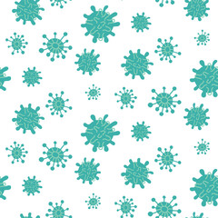 pattern with blue microbes, viruses and bacteria. Viruses of various shapes and quantities with streamlined shapes. Seamless texture on the theme of the disease on white. Medicine, science, study