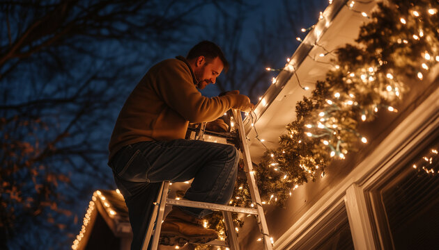 A father setting up Christmas lights on the roof, with a ladder and lights strewn about
