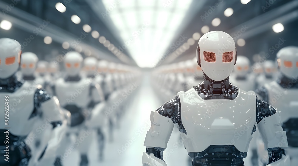 Poster futuristic robotic assembly line representing automation and innovation in modern business productio