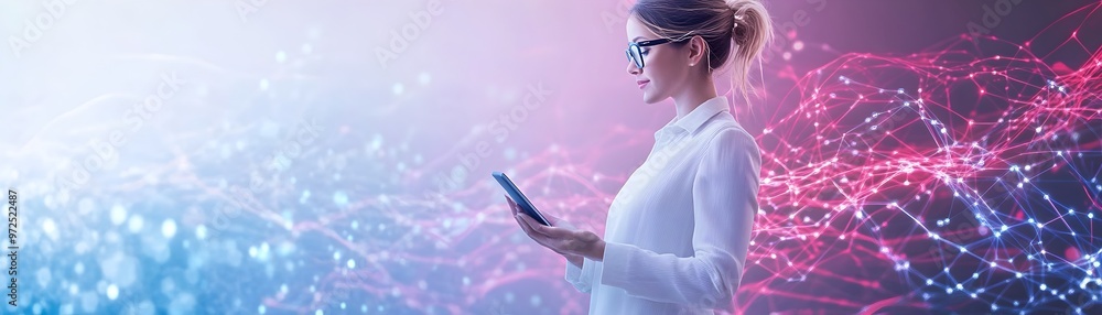Poster business professional using smart devices amid abstract data flow symbolizing innovation analysis
