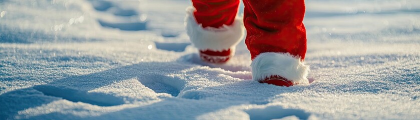 Footsteps in fresh snow show a playful winter atmosphere, perfect for holiday and seasonal themes in photography.
