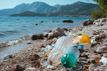 a polluted beach with plastic bottles, bags and other rubbish scattered on it. Waves wash the shore, but instead of natural beauty, the beach is covered with waste, symbolizing the problem of environm