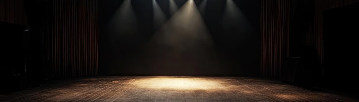 An empty stage with spotlight illuminating the center, perfect for performances, theater, and artistic displays.