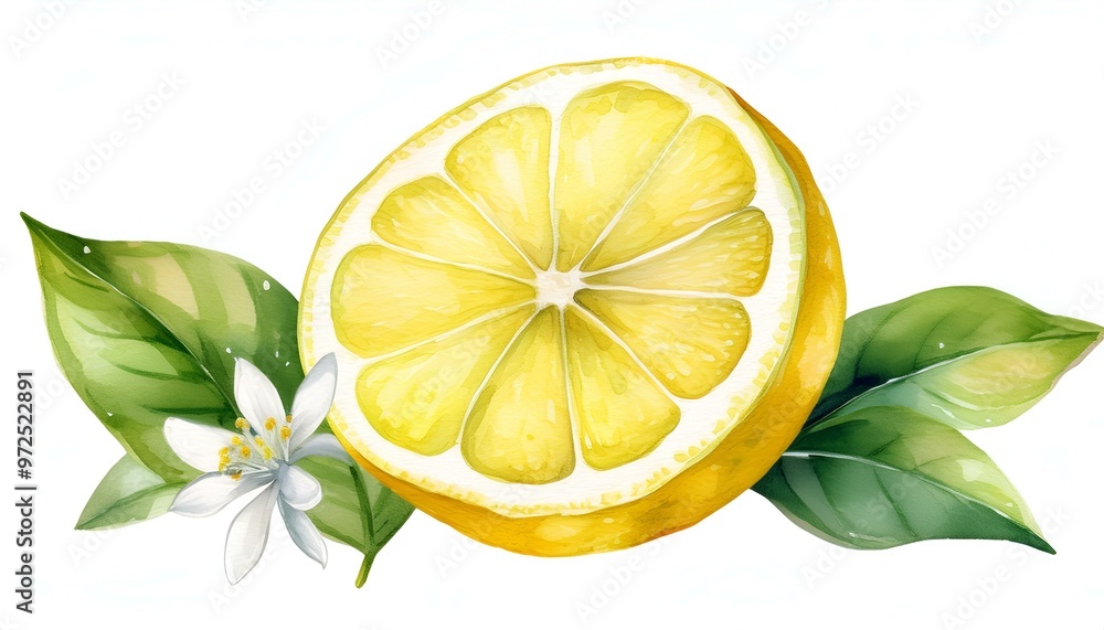 Canvas Prints Watercolor Lemon Slice with Leaves and Blossom