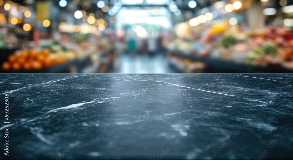 Poster A blurred market scene with a marble countertop in the foreground.