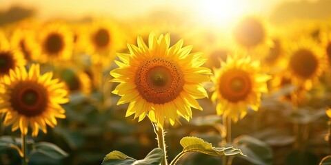 Obraz premium A vibrant field of sunflowers basking in golden sunlight during a serene sunset.