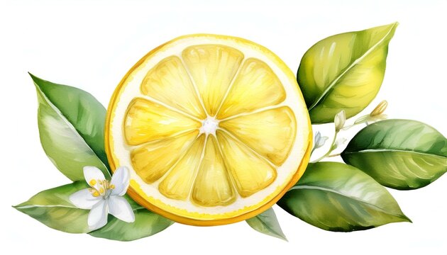 watercolor lemon slice with green leaves clip art preview