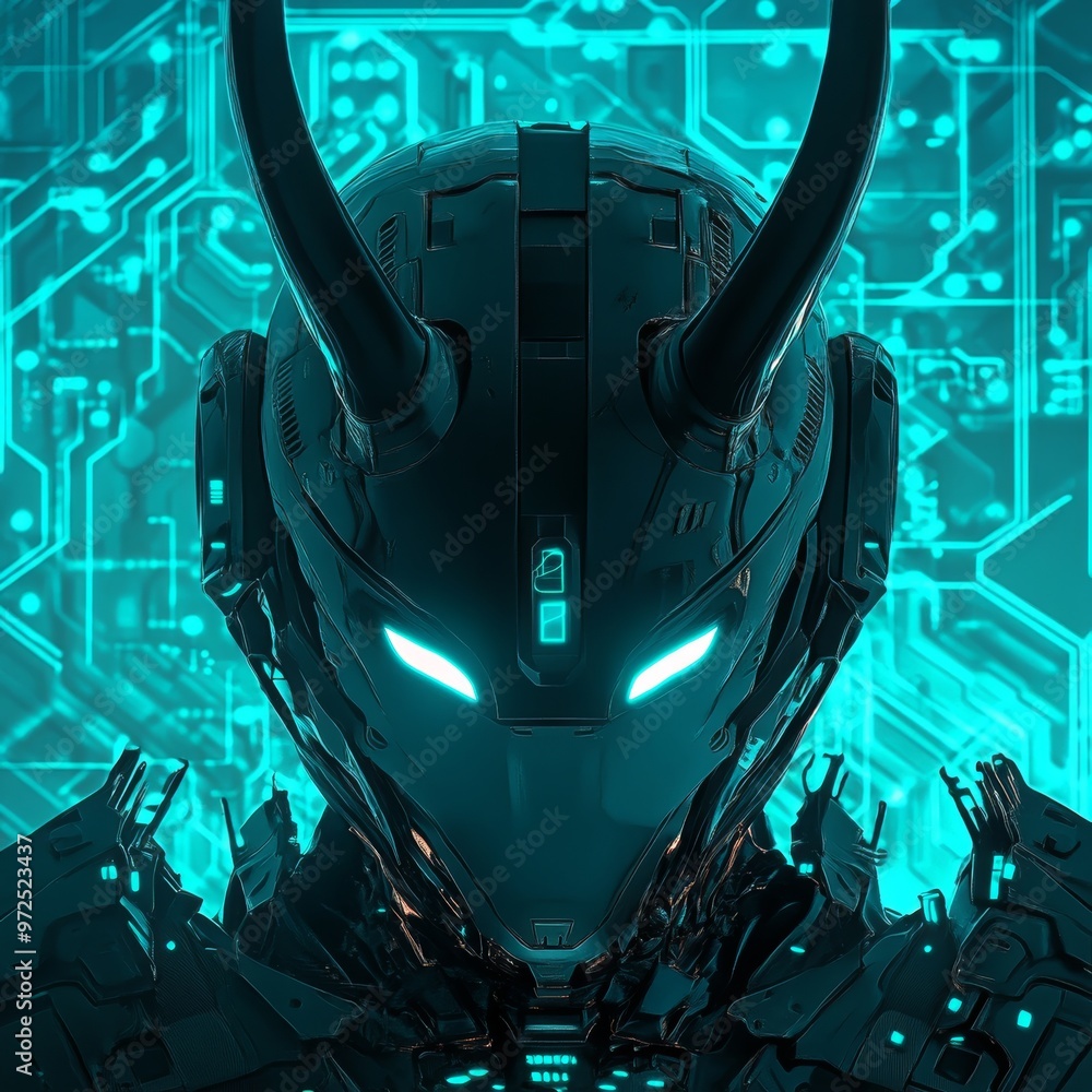 Poster three-faced science fiction robot with an oracle sees it all