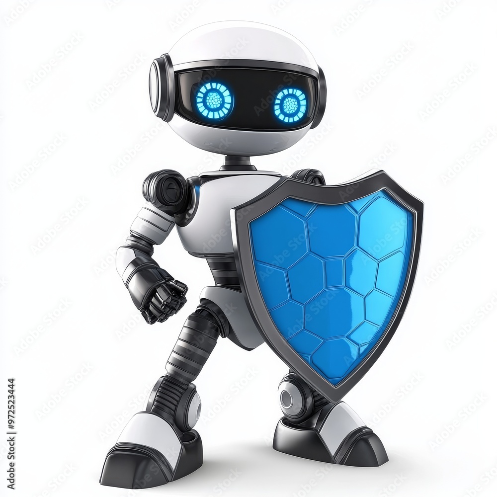 Poster 3d rendering of a transparent shield held by a little robot, a concept for data security