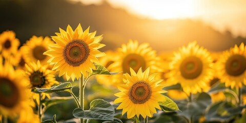 Obraz premium A vibrant field of sunflowers basking in the warm glow of sunset.