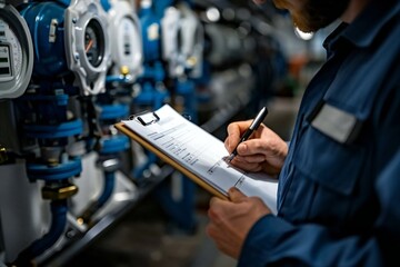 technician carefully records the electric meter reading on a clipboard, ensuring accurate billing and maintenance of the energy system.