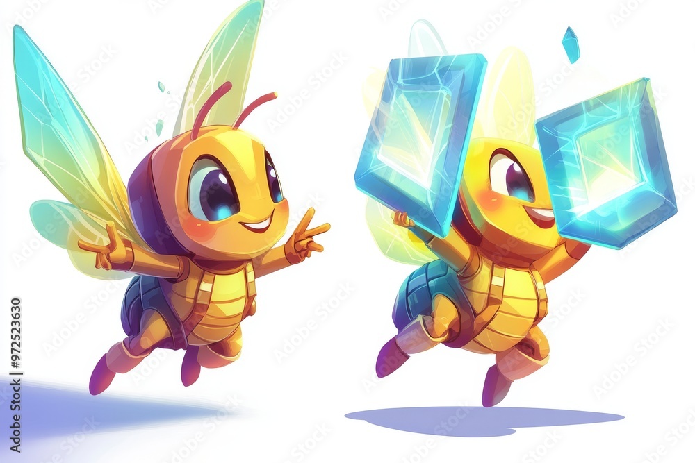 Poster a set of cute robot bees analyzing a screen and writing on a tablet