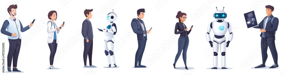 Poster robot answering customer in chatbot service. dialog between ai assistant and user in messenger. flat