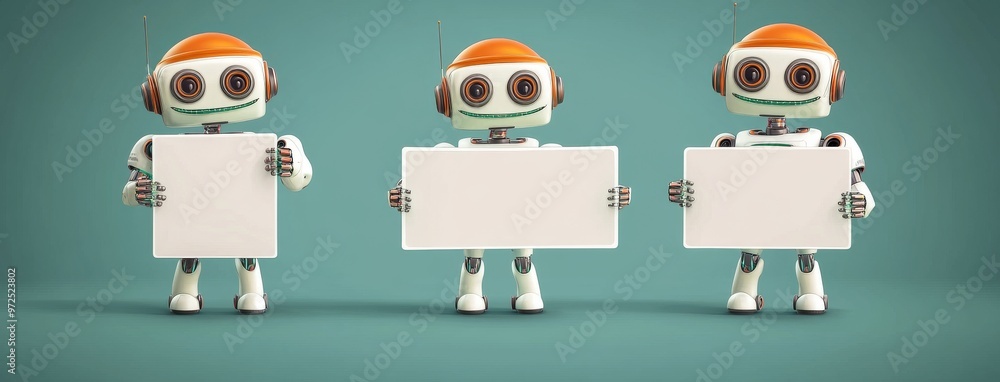 Poster set of modern robot presentation characters. robot character showing whiteboard and speech bubble wi