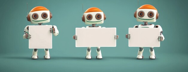 Fototapeta premium Set of modern robot presentation characters. Robot character showing whiteboard and speech bubble with waving gesture and kawaii happy faces.