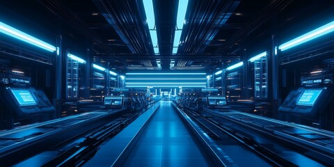 Fototapeta premium Blue neon lights illuminate a futuristic hallway.