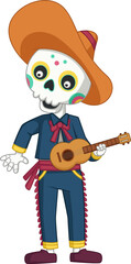 The day of the Dead. Mariachi skeleton band with musical instruments