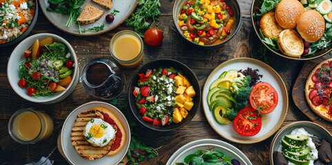 Vibrant Healthy Salad Bowls with Fresh Vegetables and Grains on a Rustic Table