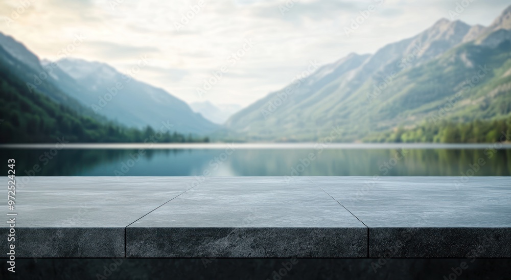 Poster serene lake view with mountains in the background and a concrete surface in the foreground.