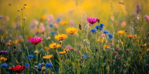 A vibrant meadow filled with colorful wildflowers in a natural setting.