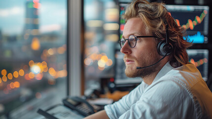 Focused male financial analyst wearing a headset while working at a trading firm.