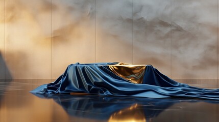 A luxurious podium covered in a rich blue cloth with golden accents, placed on a floor that shines like a mirror. The sleek, minimalistic background wall emphasizes the sophistication of the display.