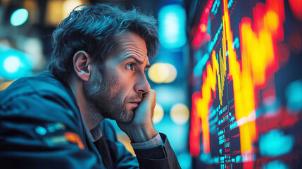 Worried businessman in a suit and tie monitoring declining stock market performance with concern