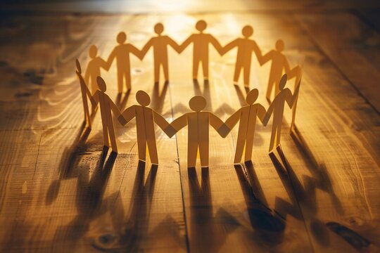 close-up shot of a circle of paper people holding hands together on a wooden desk, symbolizing unity and teamwork.