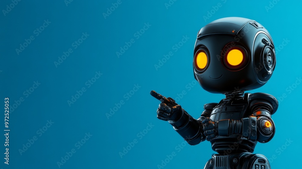 Poster stock-generated robot pointing at a subject on a blue background