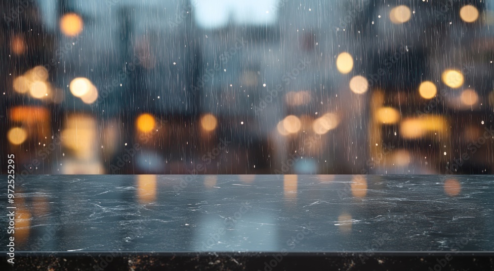 Wall mural A rainy window scene with blurred city lights in the background and a dark surface in the foreground.