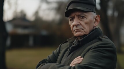 Obraz premium Stoic Elderly Soldier in Uniform, Eastern European History, Outdoor Setting
