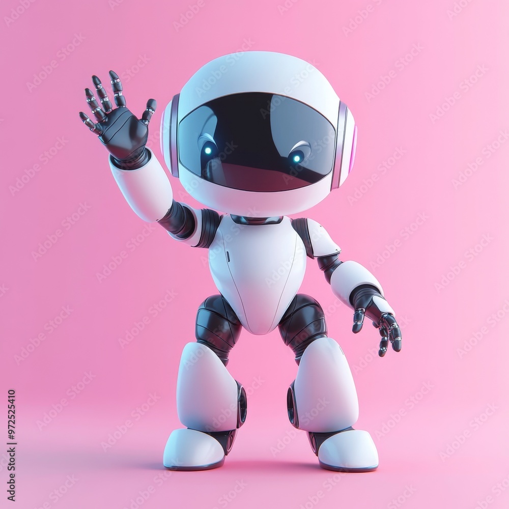 Poster waving ai bot character on blue background with simple illustration of generative ai