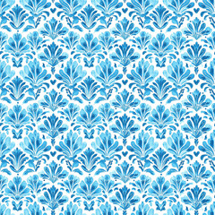 Painted turquoise and white watercolor sheet in the form of an arabesque floral geometric shell, seamless pattern