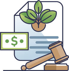 Icon of a plant, money, and gavel symbolizing biomass farming grants.