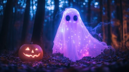 Sparkling ghost beside a jack-o'-lantern in forest.