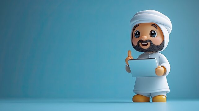 3d render cartoon character arab man with beard wears traditional white clothes holds laptop and points with finger at it business clip art isolate3d on light blue background recommendation concept