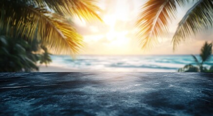 A serene beach scene with palm trees and a sunset over the ocean.