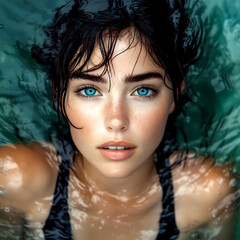 Fototapeta premium Close-up of the face, showing clear skin and glossy lips of a supermodel floating in water, with a black tank top, perfect makeup, and blue eyes
