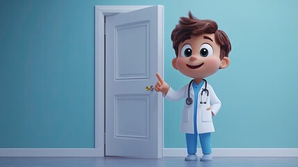 3d render cartoon character doctor wearing uniform and stethoscope open door in hospital pointing finger medical background