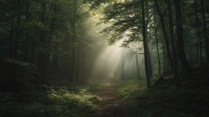 Fototapeta premium A serene forest scene with sunlight filtering through trees, creating a peaceful atmosphere.
