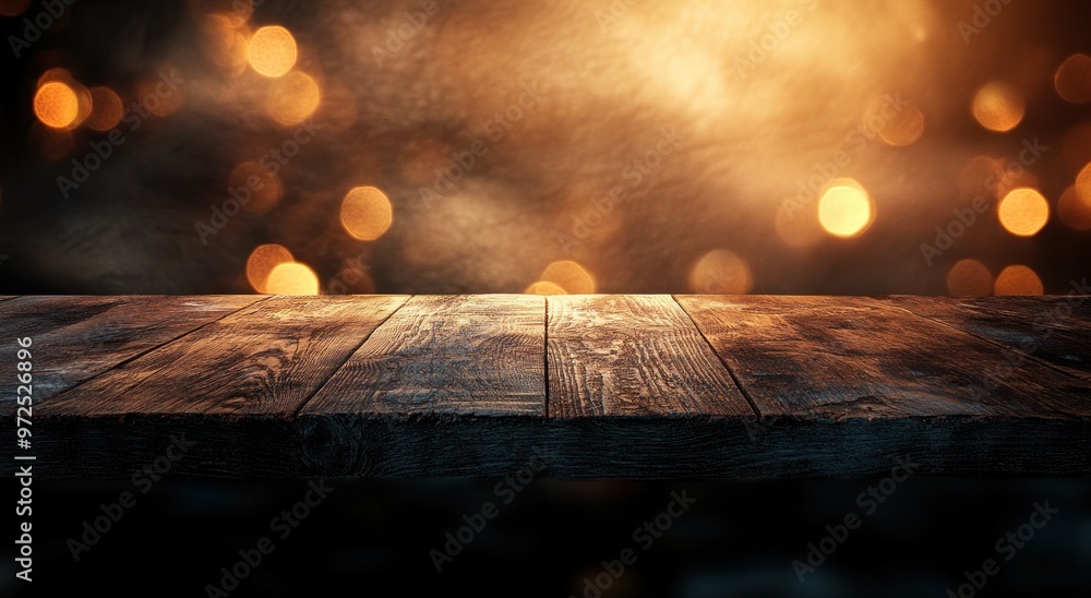 Poster A wooden tabletop with a blurred bokeh background, ideal for product displays or photography.