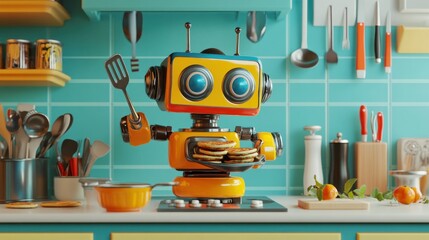A cute robot cooking in the kitchen, flipping pancakes with a spatula, surrounded by vibrant cooking tools
