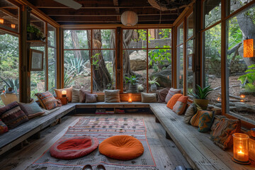 Tropical Jungle Retreat with Wooden Deck and Lush Greenery at Sunrise