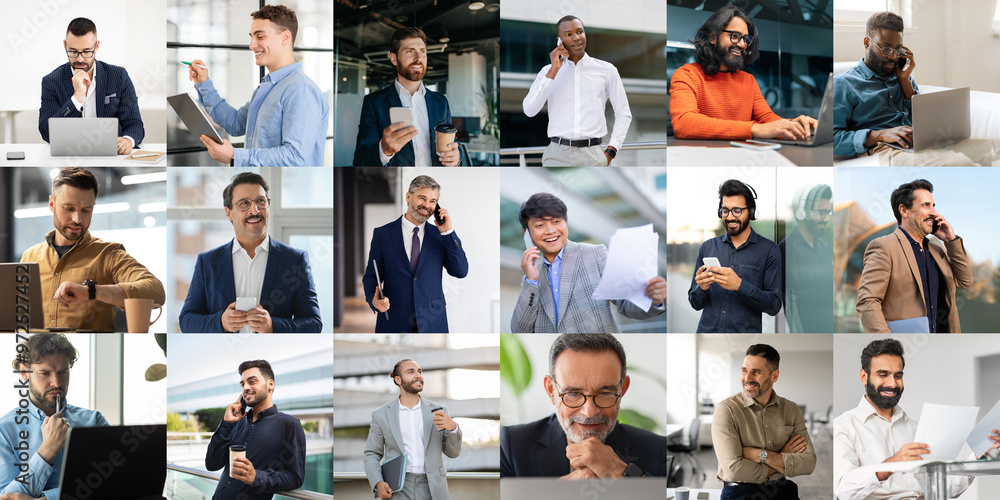 Poster a diverse group of professionals men interacts in a contemporary office environment, showcasing a ra