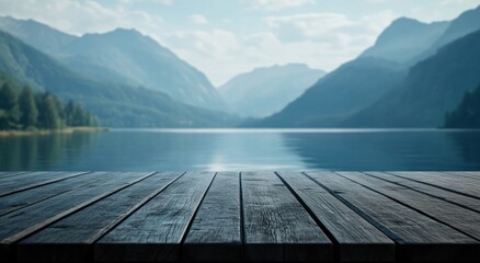 Serene lake view with mountains in the background and a wooden deck in the foreground.