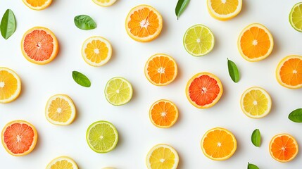 A flat lay of sliced citrus fruits and leaves.